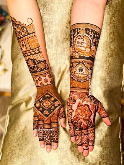 A beautiful mehandi design created specifically for a baby shower, with "Baby Shower" and "Coming Soon" artfully written into the pattern.