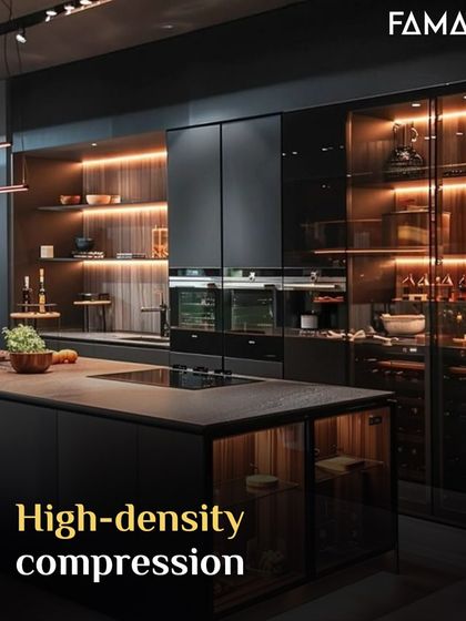 Through a process of high-density compression, we create M-Core™. This results in the sleek, durable surfaces you see in this stunning dark-themed kitchen, featuring integrated appliances and illuminated glass cabinets.