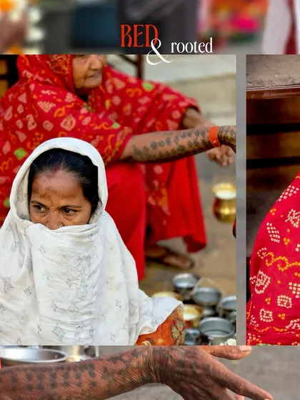 A collage titled 'Red & Rooted', featuring portraits of women in traditional attire from Porbandar.