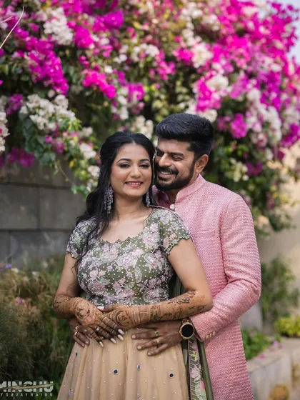 A beautiful collection of photos from Disha and Sumanth's pre-wedding shoot. Her makeup is soft and romantic, perfect for these candid and posed shots in a lovely garden setting.