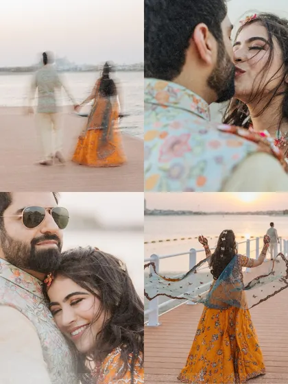 A vibrant collage of a pre-wedding shoot in Dubai, showing the couple walking, kissing, and laughing by the sea at sunset.