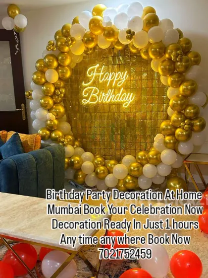 You don't need a big hall for a grand celebration. I can create a beautiful party setup right in your home, like this classic gold and white balloon circle arch against a golden shimmer wall, making any space feel special.