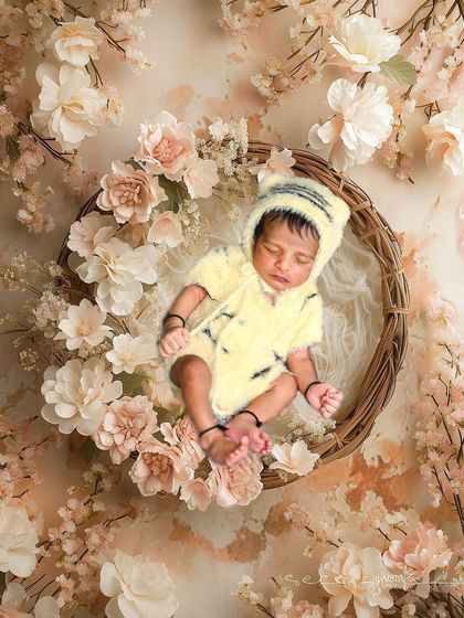 A newborn surrounded by a bed of flowers. This artistic edit creates a dreamy, ethereal portrait.