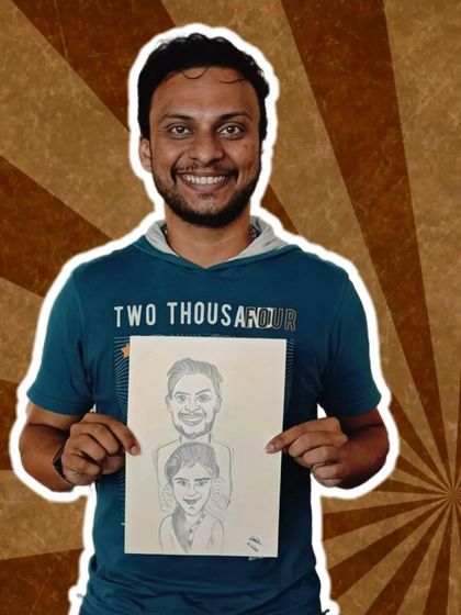 This couple caricature was customized from a photo. The man here is just posing with the finished art.