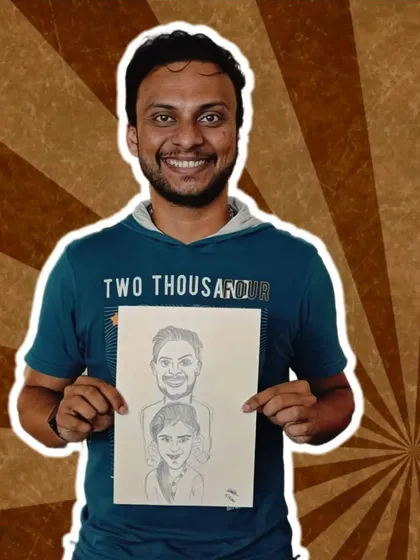 This couple caricature was customized from a photo. The man here is just posing with the finished art.