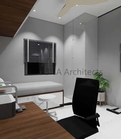 A patient examination room concept, designed to be clean, comfortable, and equipped with all necessary furniture and privacy considerations.