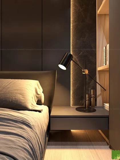 A close-up of a bedside detail. The floating nightstand, modern task lamp, and backlit marble panel showcase my commitment to detailed, high-quality finishes.