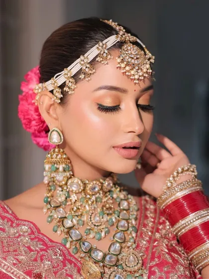 A close-up showcasing the soft, polished bridal glam. We focused on radiant skin and softly smoked eyes with a peach shimmer to complement her red lehenga and intricate jewelry.