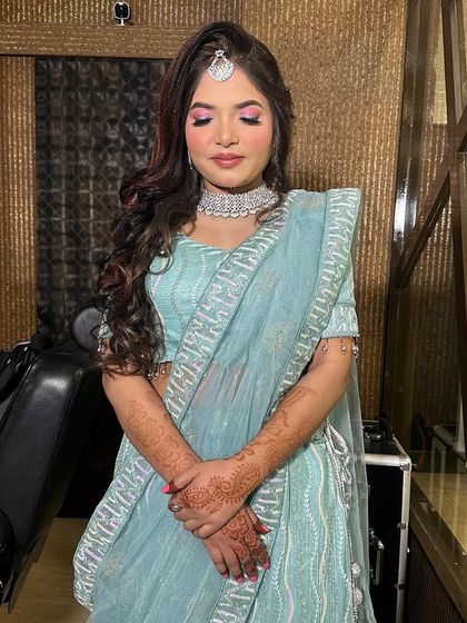 Engagement ready in a beautiful light blue lehenga. I gave her a pop of pink on the eyes to add a touch of fun to her otherwise soft and elegant look.