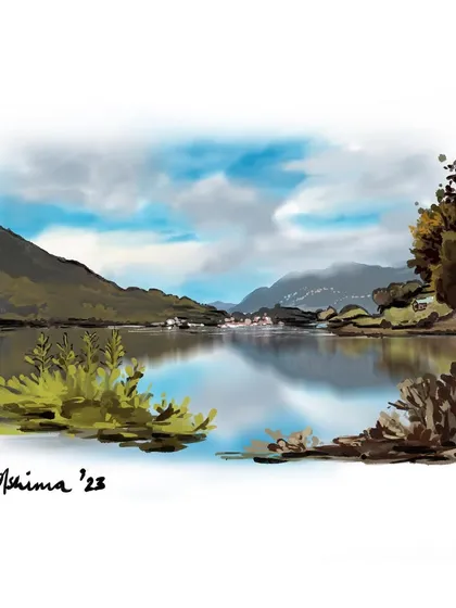 A throwback to a magical escape to Naukuchiatal lake. This landscape painting shows how I can recreate a serene view from your photos, focusing on the reflection and the calm atmosphere of the water.