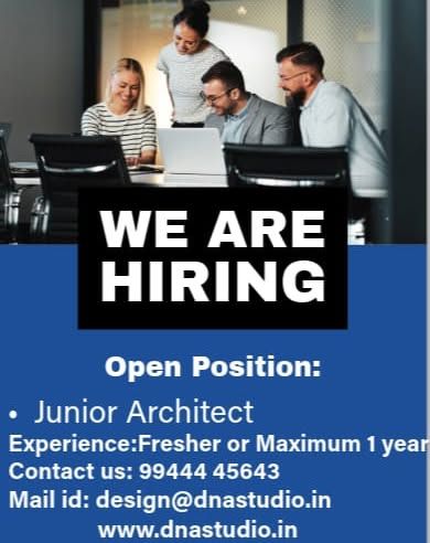 A simple, direct job opening for a Junior Architect (fresher or max 1 year experience) at DNA Studio in Coimbatore.