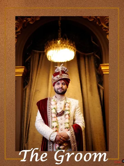 A classic portrait of the groom in his majestic wedding sherwani and turban, ready for the main event.