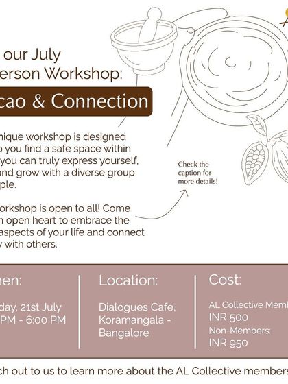 A detailed flyer for the "Cacao & Connection" workshop, outlining the journey of mindful movement and inner connection.