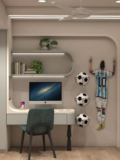 The complete study and storage wall from our 3D design. We planned for everything, including space for a computer, printer, and books, creating a perfect homework station.