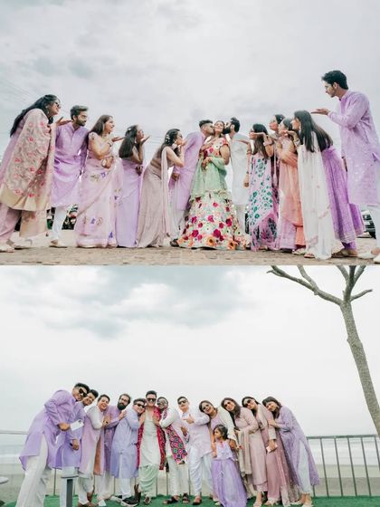 A fun group photo with the wedding party. The coordinated lavender outfits and playful poses by the sea capture the friendship and love surrounding the couple.