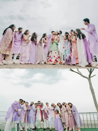 A collage of the "bride squad" and "groom squad" having fun with the couple during the Haldi ceremony, showcasing the importance of friends and family.