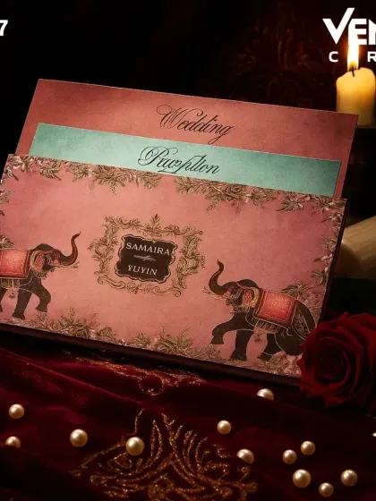 I designed this card with a vintage royal aesthetic, using a soft, dusty rose color palette. The cover features two beautifully adorned elephants facing a custom couple's nameplate. The set includes coordinated inserts for different wedding events.