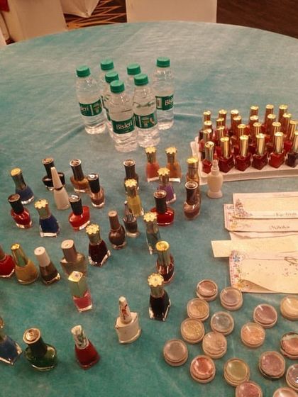 A full setup for our nail art and hair braiding station, with a wide variety of nail polish colors for the kids to choose from.