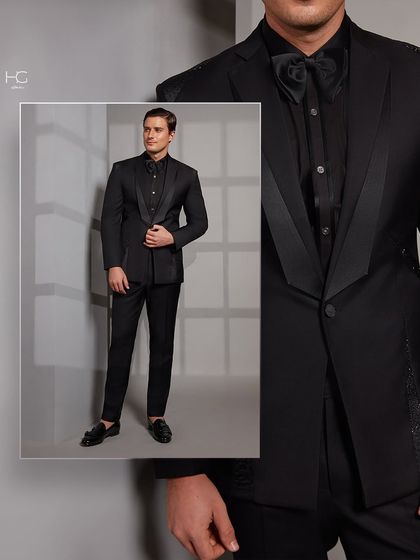 Black for cocktails is always a timeless choice. This collage highlights a classic tuxedo with a modern, wide lapel, showcasing its polished look and subtle shine for a refined evening appearance.