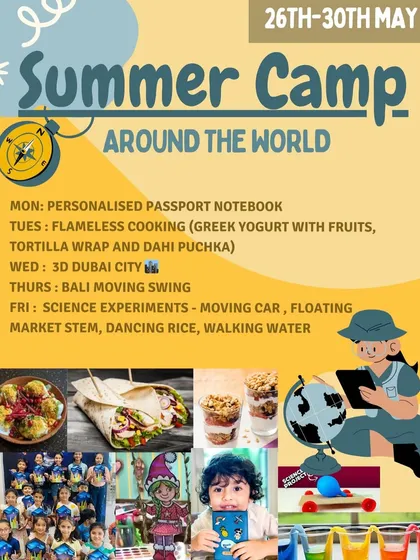 Another look at our "Around the World" summer camp. This poster highlights the global adventure theme, with activities designed to let kids explore different cultures through crafts and hands-on learning.