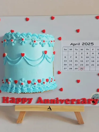 A unique calendar-themed anniversary cake presented on an easel. The design highlights the special date, making it a creative and memorable gift.
