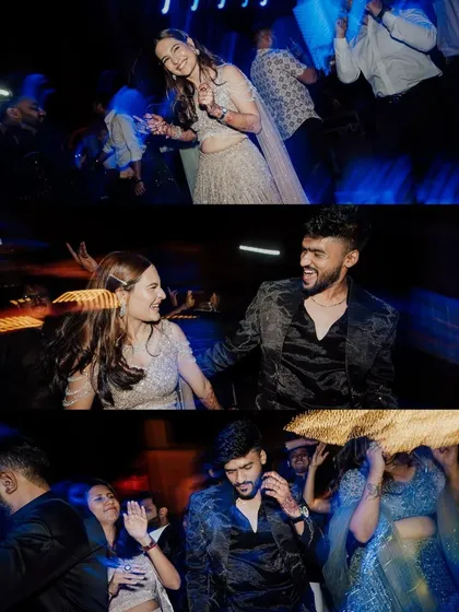 A collage of dynamic, motion-blur shots from the Sangeet after-party, perfectly capturing the energy of the dance floor.