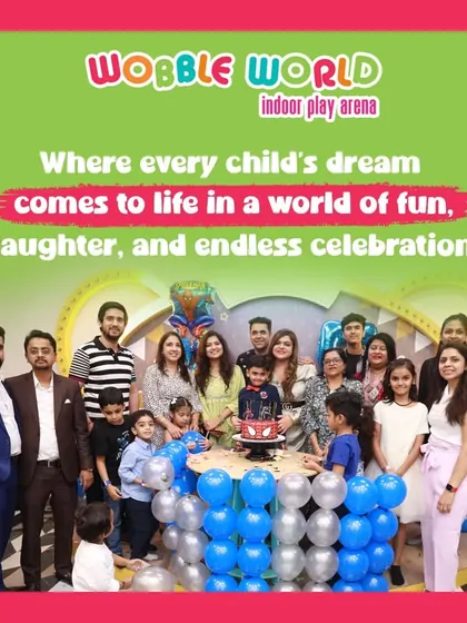A large family and friends group photo at a Spiderman-themed birthday. We can comfortably host grand celebrations for your entire circle.