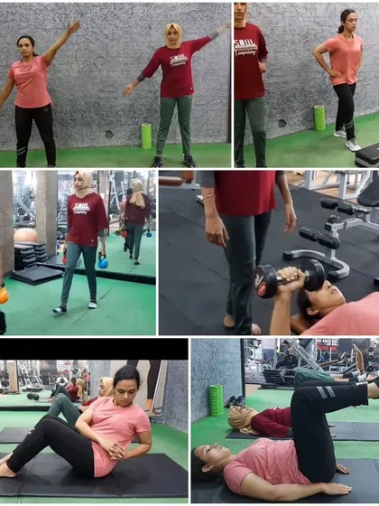 This collage showcases the variety in our practical training for fitness trainers. You can see students practicing warm-up movements, kettlebell carries, dumbbell chest presses, and core exercises like Russian twists, covering a wide range of fitness components.