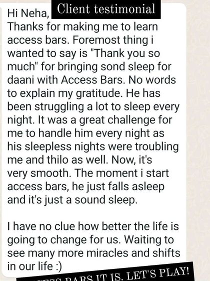 This client's testimonial is a powerful example of how Access Bars can create miracles, especially for challenges like sleeplessness. It shows how a simple, gentle session can bring profound peace and smooth out life's difficulties for the whole family.