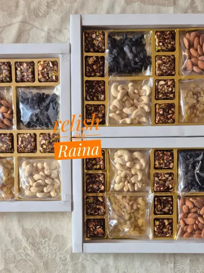 An assortment of my Diwali gift boxes. I offer options with just dry fruits or a combination of my homemade sweets and dry fruits, all customizable.