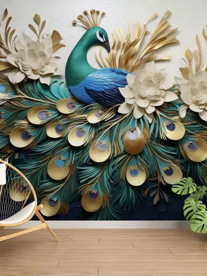 This vibrant 3D wallpaper showcases a peacock with golden-accented feathers, surrounded by flowers. It's a bold and beautiful piece of wall art.