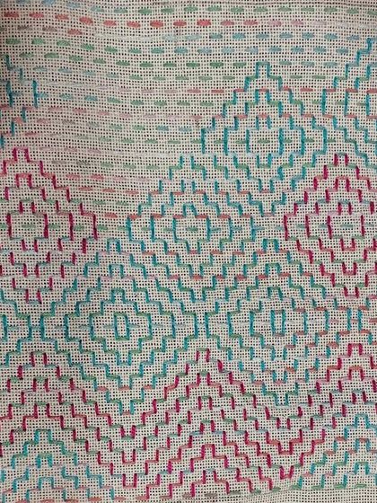 Is it Sashiko or Kasuti? While the running stitch is similar, the reversible and counted nature of this piece makes it Kasuti. This piece was intended to become a spectacle or mobile case.