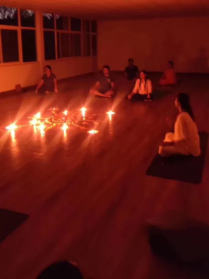 A candlelit meditation session creates a serene and sacred atmosphere. This was from a sound healing workshop in Koramangala, designed to elevate mind, body, and spirit.