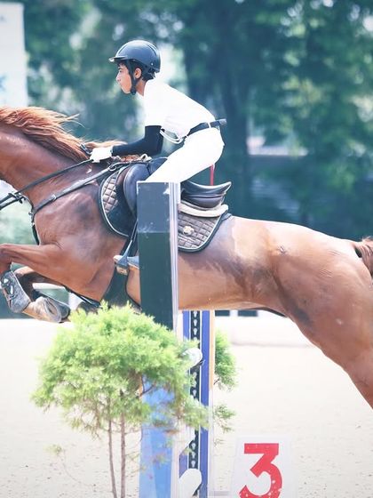 A rider and his chestnut horse in mid-air during the Karnataka State Equestrian Competition, a perfect example of the jumping technique I teach.