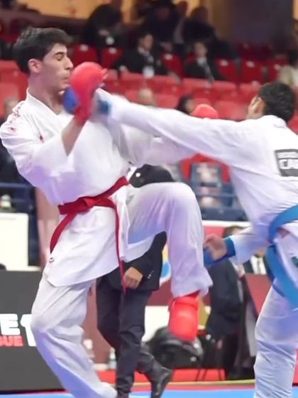 A powerful Mawashi Geri (roundhouse kick) being delivered with precision during a Karate Premier League event.