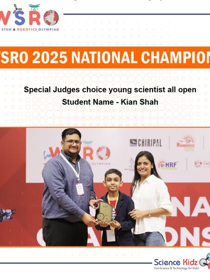 Kian Shah receiving the Special Judge's Choice award in the Young Scientist All Open category at the WSRO 2025 Nationals. His innovative project stood out to the judges.