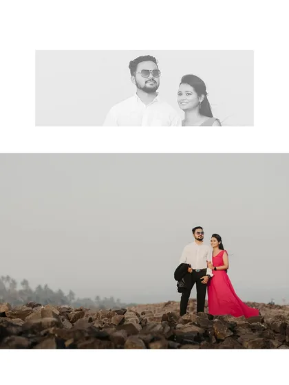 A collage combining a wide shot on the rocks with a black and white close-up, showing different moods from the same session.
