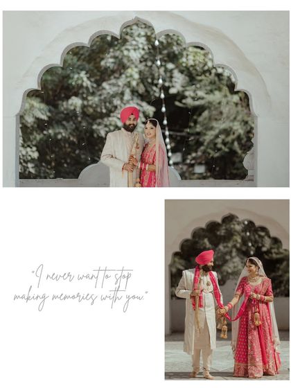 A diptych of the couple, showcasing their loving gazes and their elegant stance, with a poetic caption in Punjabi.