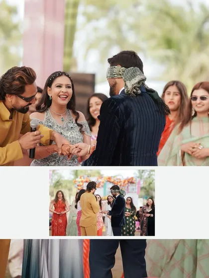 A collage from a carnival Sangeet, showing the couple interacting with guests and enjoying the unique entertainment they planned.