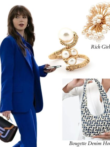 Get the chic corporate look inspired by "Emily in Paris". Here, a classic blue pantsuit is styled with our Bougette Denim Hobo bag and elegant pearl accessories for a touch of class and finesse.