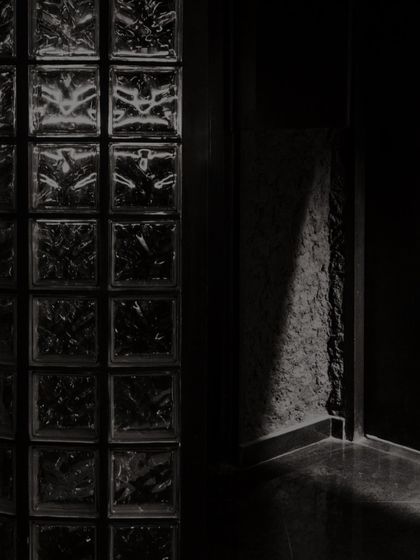 An enigmatic realm of lights and shadows. The glass block wall is a signature element, casting distorted reflections and adding to the mysterious atmosphere of the space.