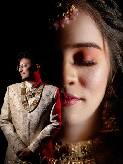 A creative double exposure combining a portrait of the groom with a close-up of the bride. A beautiful way to visually represent their connection.