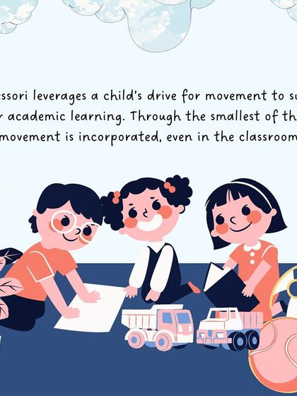 This series of graphics explains the importance of "Learning in Motion," showing how freedom of movement is essential for a child's concentration, understanding, and motor development.