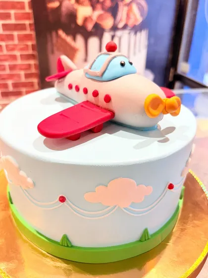 A side view of the adorable airplane cake, showing its clean design and cute details.