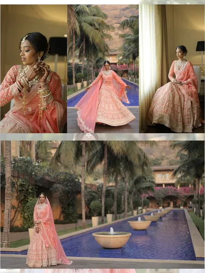 A collage showcasing the bride's journey on her wedding day, from getting ready and putting on her jewelry to her stunning final look by the pool.