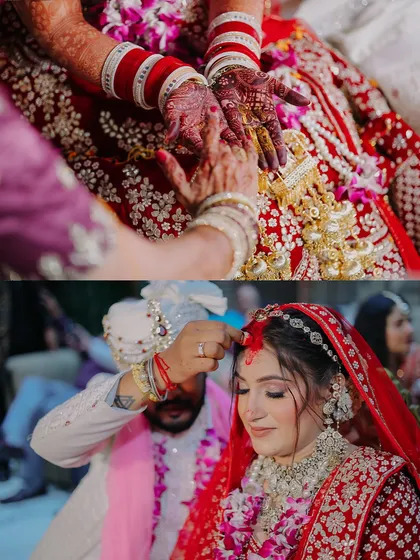 A collage showing two key wedding rituals. The top photo captures the 'Kanyadaan' ceremony, while the bottom shows the groom applying the 'sindoor', both deeply significant moments.