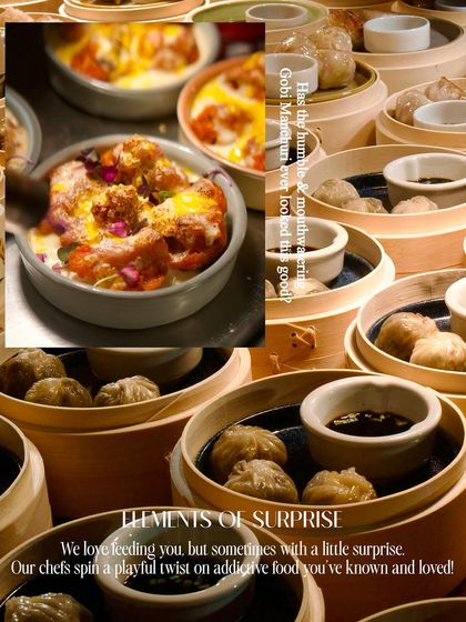 A collage showing the elements of surprise I bring to my events, from playful twists on classic food to thoughtful decor.