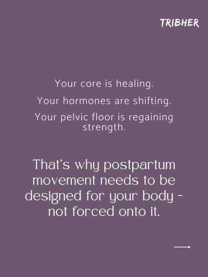 This graphic explains why specialized postpartum movement is so important. Your core is healing, your hormones are shifting, and your pelvic floor is regaining strength. Movement needs to be designed for your body, not forced onto it.