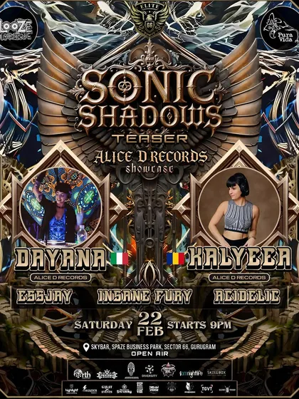 The full poster for our Alice D Records showcase, an open-air event in Gurugram featuring Dayana and Kalyeea.