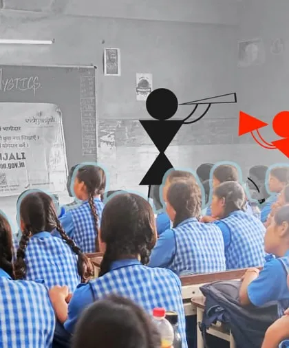 An instructor sits with his guitar, teaching a class of young girls. The graphic overlay illustrates our focus on helping children find their voice and vision through music.